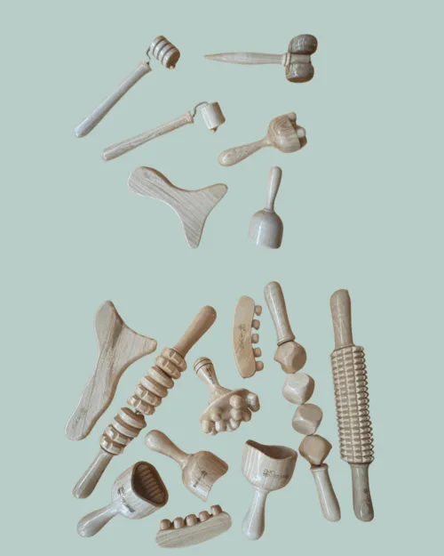 Kit professionnel colombien de madérothérapie corps et visage en bois de frêne 16 éléments